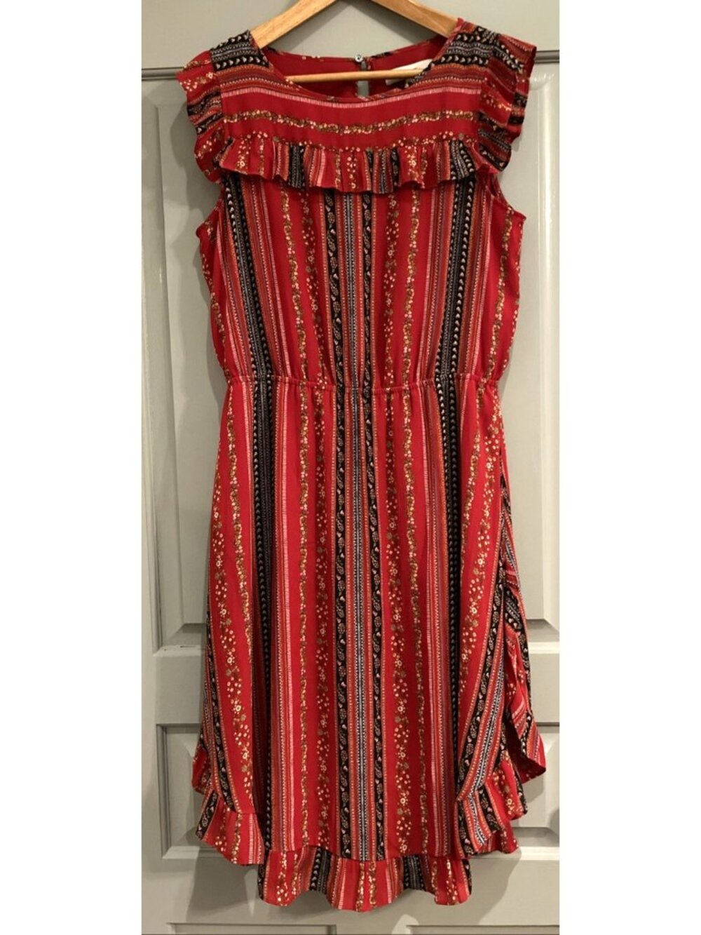 LOFT Red Dress Women's Large Floral Ruffle Boho Preppy Midi Feminine